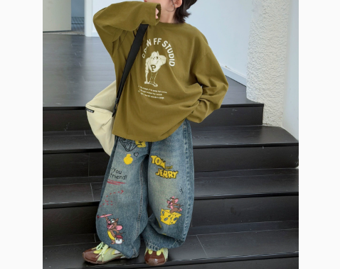 [WHOLESALE ONLY - CONTACT TO ORDER] Kids Unisex Oversized 100% Combed Cotton Heavyweight Long Sleeve Cartoon Graphic T-Shirt (Army Green) [KW-218]