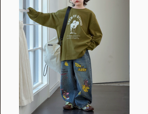 [WHOLESALE ONLY - CONTACT TO ORDER] Kids Unisex Oversized 100% Combed Cotton Heavyweight Long Sleeve Cartoon Graphic T-Shirt (Army Green) [KW-218]