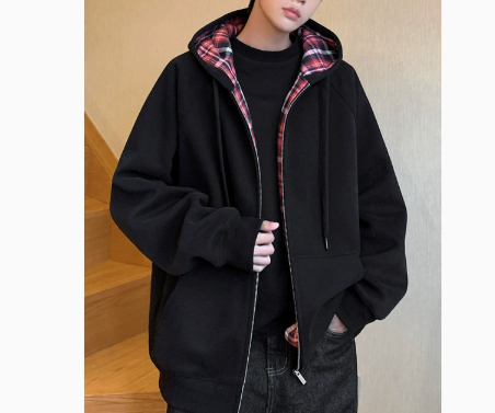 [WHOLESALE ONLY - CONTACT TO ORDER] Unisex Heavyweight 70% Cotton Tartan Plaid Lined Full-Zip Fleece Hoodie Jacket (Midnight Black / Red Plaid) [AW-384]