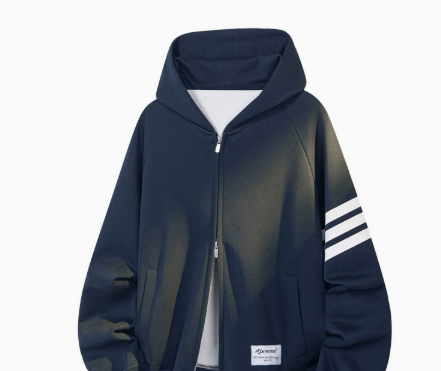 [WHOLESALE ONLY - CONTACT TO ORDER] Unisex Heavyweight 70% Cotton Sleeve Stripe Full-Zip Fleece Hoodie Jacket with Hem Patch (Dark Navy / Black) [AW-386]