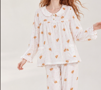 [WHOLESALE ONLY - CONTACT TO ORDER] Women's 100% Cotton Double Gauze Peter Pan Collar Long Sleeve Pajama Set (Puppy Print) [AW-388]