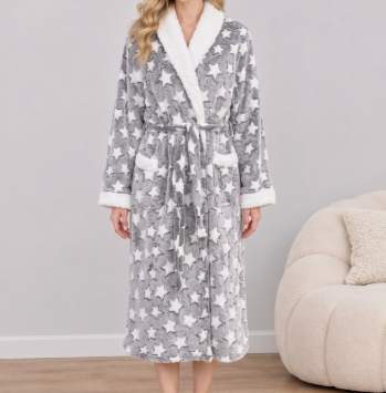 [WHOLESALE ONLY - CONTACT TO ORDER] Women's Heavyweight Fleece Plush Bathrobe with Sherpa Shawl Collar & Belt (Grey Stars / Hearts) [AW-405]