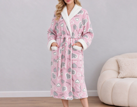 [WHOLESALE ONLY - CONTACT TO ORDER] Women's Heavyweight Plush Flannel Shawl Collar Long Robe with Sherpa Fleece Trim (Blush Pink Heart Print) [AW-390]