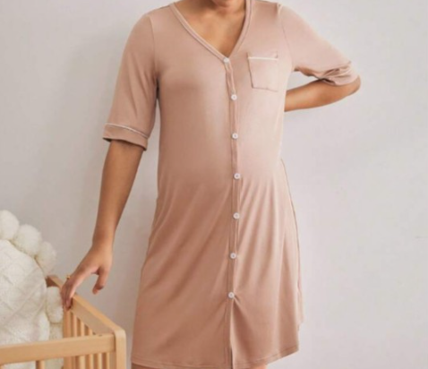 [WHOLESALE ONLY - CONTACT TO ORDER] Women's 70% Combed Cotton Breathable V-Neck Button-Down Maternity & Nursing Nightgown Dress (Dusty Rose) [AW-404]