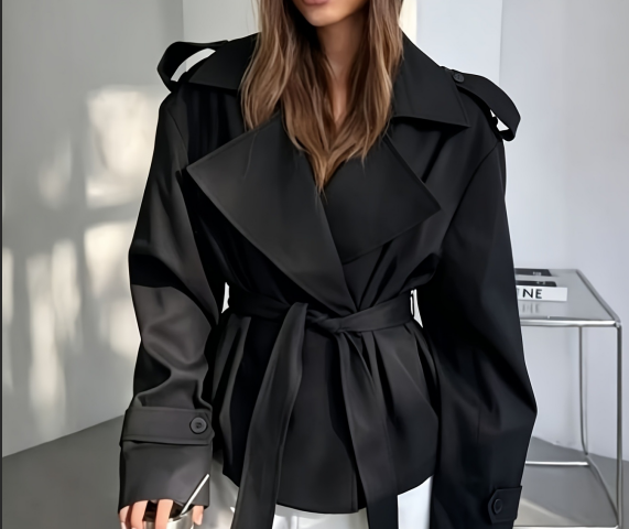 [WHOLESALE ONLY - CONTACT TO ORDER] Women's Oversized Belted Cropped Trench Jacket with Storm Flap & Wide Lapel (Classic Black) [AW-395]