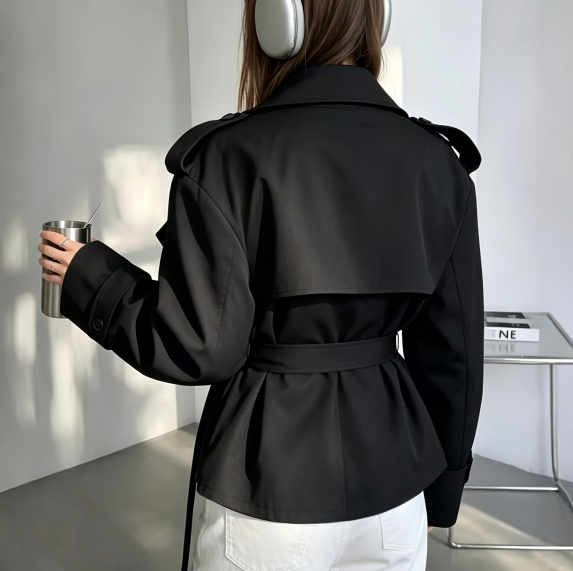 [WHOLESALE ONLY - CONTACT TO ORDER] Women's Oversized Belted Cropped Trench Jacket with Storm Flap & Wide Lapel (Classic Black) [AW-395]