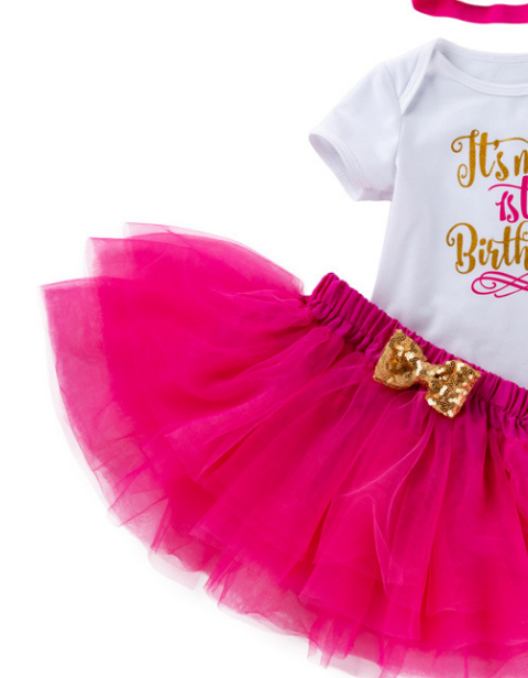 [WHOLESALE ONLY - CONTACT TO ORDER] Baby Girls 95% Combed Cotton "It's My 1st Birthday" Bodysuit & Hot Pink Tulle Tutu Skirt 3-Piece Set with Sequin Bow Headband [KW-230]