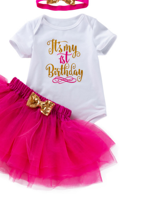 [WHOLESALE ONLY - CONTACT TO ORDER] Baby Girls 95% Combed Cotton "It's My 1st Birthday" Bodysuit & Hot Pink Tulle Tutu Skirt 3-Piece Set with Sequin Bow Headband [KW-230]