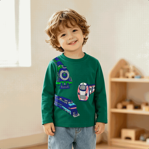 [WHOLESALE ONLY - CONTACT TO ORDER] Toddler & Boys 100% Combed Cotton Steam Train & Railway Long Sleeve T-Shirt (Emerald Green) [KW-244]