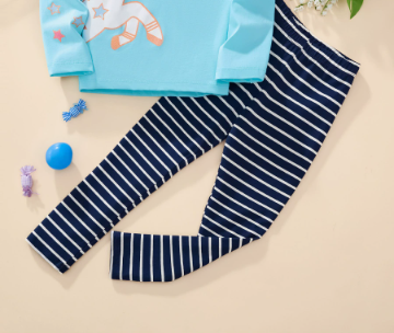 [WHOLESALE ONLY - CONTACT TO ORDER] Toddler & Girls Combed Cotton Unicorn Star Long Sleeve Top & Striped Leggings Set (Sky Blue/Navy) [KW-253]
