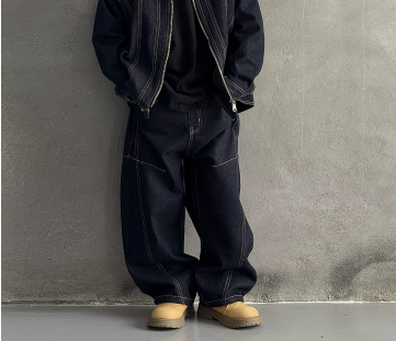 [WHOLESALE ONLY - CONTACT TO ORDER] Boys Heavyweight Cotton Baggy Wide-Leg Contrast Stitch Denim Jeans (Raw Indigo Blue) [KW-257]