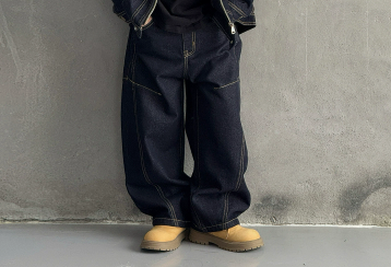 [WHOLESALE ONLY - CONTACT TO ORDER] Boys Heavyweight Cotton Baggy Wide-Leg Contrast Stitch Denim Jeans (Raw Indigo Blue) [KW-257]