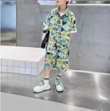 [WHOLESALE ONLY - CONTACT TO ORDER] Boys Combed Cotton Tropical Rainforest Hawaiian Shirt & Shorts 2-Piece Set (Green Multicolor) [KW-261]