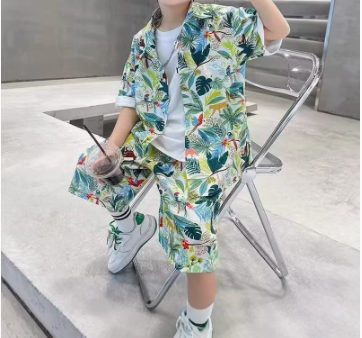 [WHOLESALE ONLY - CONTACT TO ORDER] Boys Combed Cotton Tropical Rainforest Hawaiian Shirt & Shorts 2-Piece Set (Green Multicolor) [KW-261]