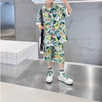 [WHOLESALE ONLY - CONTACT TO ORDER] Boys Combed Cotton Tropical Rainforest Hawaiian Shirt & Shorts 2-Piece Set (Green Multicolor) [KW-261]
