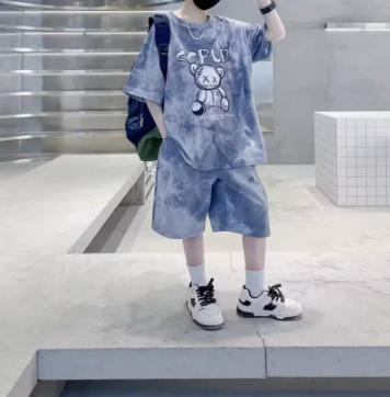[WHOLESALE ONLY - CONTACT TO ORDER] Boys Combed Cotton Streetwear Tie-Dye Graffiti Bear Oversized T-Shirt & Shorts 2-Piece Set (Slate Blue) [KW-263]