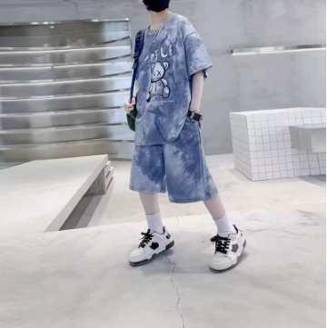 [WHOLESALE ONLY - CONTACT TO ORDER] Boys Combed Cotton Streetwear Tie-Dye Graffiti Bear Oversized T-Shirt & Shorts 2-Piece Set (Slate Blue) [KW-263]