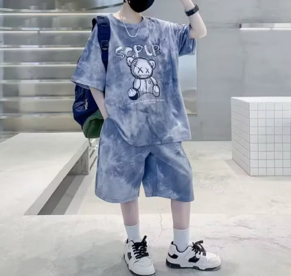 [WHOLESALE ONLY - CONTACT TO ORDER] Boys Combed Cotton Streetwear Tie-Dye Graffiti Bear Oversized T-Shirt & Shorts 2-Piece Set (Slate Blue) [KW-263]