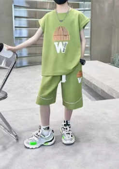 [WHOLESALE ONLY - CONTACT TO ORDER] Boys Combed Cotton Streetwear Beanie Graphic T-Shirt & Shorts 2-Piece Set (Matcha Green) [KW-262]