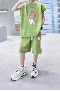 [WHOLESALE ONLY - CONTACT TO ORDER] Boys Combed Cotton Streetwear Beanie Graphic T-Shirt & Shorts 2-Piece Set (Matcha Green) [KW-262]
