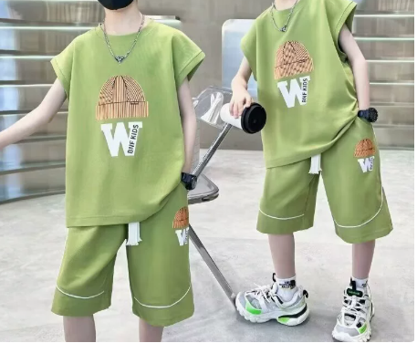 [WHOLESALE ONLY - CONTACT TO ORDER] Boys Combed Cotton Streetwear Beanie Graphic T-Shirt & Shorts 2-Piece Set (Matcha Green) [KW-262]