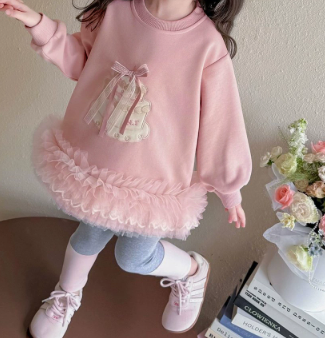 [WHOLESALE ONLY - CONTACT TO ORDER] Toddler & Girls Combed Cotton French Terry Cake Appliqué Ruffled Tulle Hem Sweatshirt Dress (Pastel Pink) [KW-267]