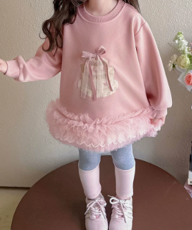 [WHOLESALE ONLY - CONTACT TO ORDER] Toddler & Girls Combed Cotton French Terry Cake Appliqué Ruffled Tulle Hem Sweatshirt Dress (Pastel Pink) [KW-267]