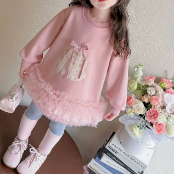 [WHOLESALE ONLY - CONTACT TO ORDER] Toddler & Girls Combed Cotton French Terry Cake Appliqué Ruffled Tulle Hem Sweatshirt Dress (Pastel Pink) [KW-267]