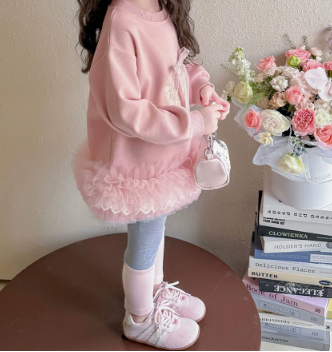 [WHOLESALE ONLY - CONTACT TO ORDER] Toddler & Girls Combed Cotton French Terry Cake Appliqué Ruffled Tulle Hem Sweatshirt Dress (Pastel Pink) [KW-267]