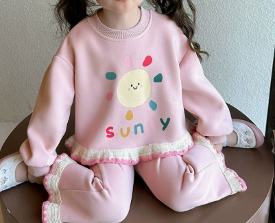 [WHOLESALE ONLY - CONTACT TO ORDER] Toddler & Girls Combed Cotton Smiling Sun Graphic Ruffle Hem Sweatshirt & Flared Pants 2-Piece Set (Pastel Pink) [KW-268]