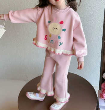 [WHOLESALE ONLY - CONTACT TO ORDER] Toddler & Girls Combed Cotton Smiling Sun Graphic Ruffle Hem Sweatshirt & Flared Pants 2-Piece Set (Pastel Pink) [KW-268]