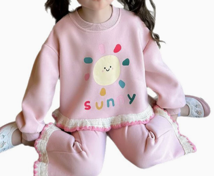 [WHOLESALE ONLY - CONTACT TO ORDER] Toddler & Girls Combed Cotton Smiling Sun Graphic Ruffle Hem Sweatshirt & Flared Pants 2-Piece Set (Pastel Pink) [KW-268]
