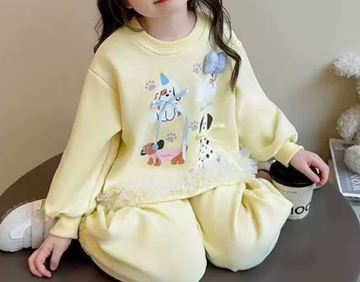 [WHOLESALE ONLY - CONTACT TO ORDER] Toddler & Girls Combed Cotton Puppy Graphic 3D Bow Fluffy Hem Sweatshirt & Joggers 2-Piece Set (Butter Yellow) [KW-269]