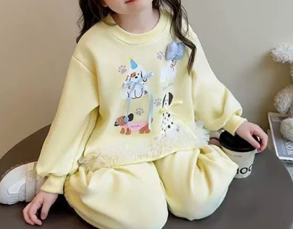 [WHOLESALE ONLY - CONTACT TO ORDER] Toddler & Girls Combed Cotton Puppy Graphic 3D Bow Fluffy Hem Sweatshirt & Joggers 2-Piece Set (Butter Yellow) [KW-269]