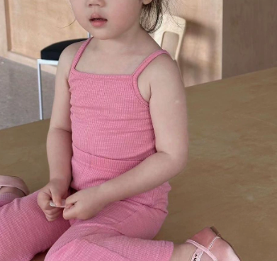 [WHOLESALE ONLY - CONTACT TO ORDER] Toddler & Girls Combed Cotton Textured Knit Camisole Top & Flare Pants 2-Piece Set (Bubblegum Pink) [KW-270]