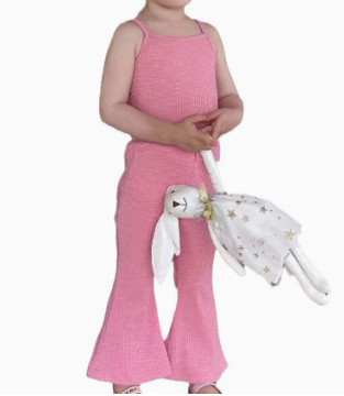 [WHOLESALE ONLY - CONTACT TO ORDER] Toddler & Girls Combed Cotton Textured Knit Camisole Top & Flare Pants 2-Piece Set (Bubblegum Pink) [KW-270]