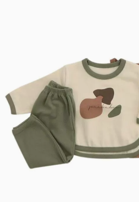 [WHOLESALE ONLY - CONTACT TO ORDER] Toddler & Kids Combed Cotton Abstract Earth Print Contrast Trim Top & Pants 2-Piece Pajama Set (Cream/Sage Green) [KW-272]