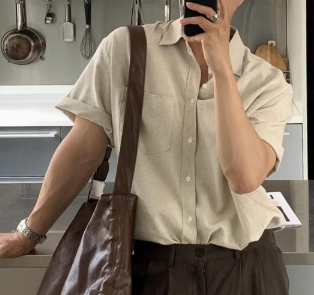 [WHOLESALE ONLY - CONTACT TO ORDER] Men's Relaxed Fit Cotton Linen Short Sleeve Button-Up Shirt with Chest Pocket (Oatmeal Beige) [AW-434]