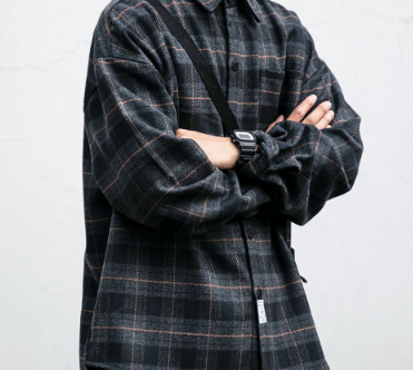 [WHOLESALE ONLY - CONTACT TO ORDER] Men's Oversized Heavyweight Cotton Brushed Flannel Plaid Long Sleeve Shirt Jacket with Chest Pocket (Dark Charcoal Plaid) [AW-435]