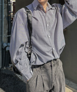 [WHOLESALE ONLY - CONTACT TO ORDER] Unisex Oversized 100% Cotton Drop-Shoulder Long Sleeve Striped Shirt (Navy Grey Stripe) [AW-437]