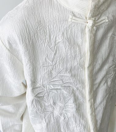 [WHOLESALE ONLY - CONTACT TO ORDER] Men's Mandarin Collar Cotton Blend Jacquard Textured Long Sleeve Shirt with Bamboo Embroidery (Off-White) [AW-438]