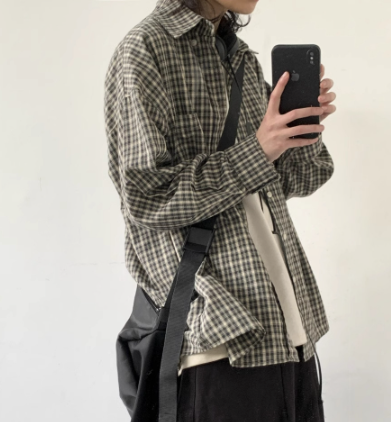 [WHOLESALE ONLY - CONTACT TO ORDER] Unisex Relaxed Fit 100% Cotton Yarn-Dyed Mini Plaid Long Sleeve Button-Up Shirt with Chest Pocket (Khaki Charcoal Check) [AW-440]