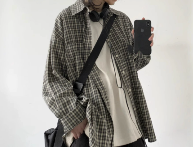[WHOLESALE ONLY - CONTACT TO ORDER] Unisex Relaxed Fit 100% Cotton Yarn-Dyed Mini Plaid Long Sleeve Button-Up Shirt with Chest Pocket (Khaki Charcoal Check) [AW-440]
