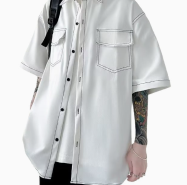 [WHOLESALE ONLY - CONTACT TO ORDER] Men's Oversized Heavyweight 100% Cotton Short Sleeve Utility Workwear Shirt with Dual Flap Pockets and Contrast Stitching (White) [AW-442]