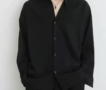 [WHOLESALE ONLY - CONTACT TO ORDER] Men's Minimalist Relaxed Fit Draped Cotton Blend Long Sleeve Button-Up Shirt (Solid Black) [AW-443]
