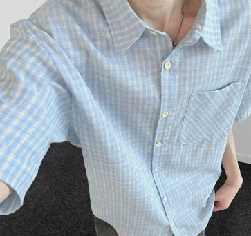 [WHOLESALE ONLY - CONTACT TO ORDER] Men's Relaxed Fit Cotton Linen Short Sleeve Plaid Button-Up Shirt with Chest Pocket (Sky Blue Plaid) [AW-444]