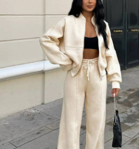 [WHOLESALE ONLY - CONTACT TO ORDER] Women's Heavyweight Cotton Blend Scuba Zip-Up Bomber Jacket and Wide-Leg Sweatpants Two-Piece Set (Cream White) [AW-457]
