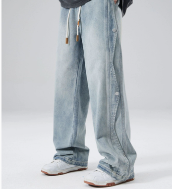 [WHOLESALE ONLY - CONTACT TO ORDER] Men's Heavyweight 100% Cotton Elastic Waist Baggy Wide-Leg Jeans with Side Snap Buttons (Light Wash Blue) [AW-480]