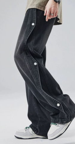 [WHOLESALE ONLY - CONTACT TO ORDER] Men's Heavyweight 100% Cotton Loose Fit Baggy Wide-Leg Jeans with Side Snap Buttons (Washed Charcoal Black) [AW-481]