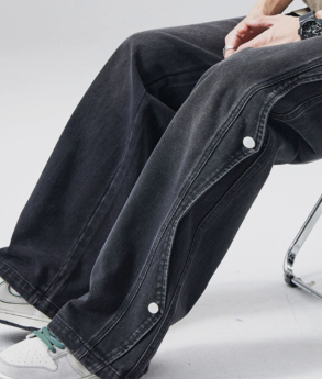 [WHOLESALE ONLY - CONTACT TO ORDER] Men's Heavyweight 100% Cotton Loose Fit Baggy Wide-Leg Jeans with Side Snap Buttons (Washed Charcoal Black) [AW-481]